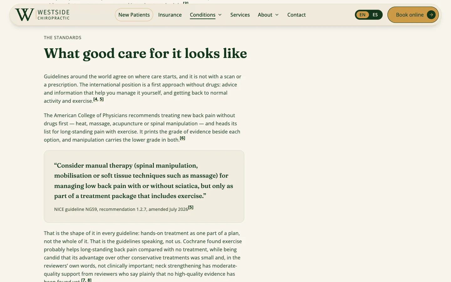 “What good care for it looks like”: guideline summaries with numbered citations and a quoted NICE recommendation on manual therapy.