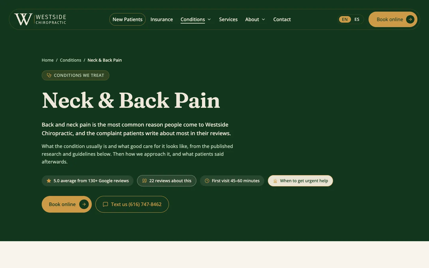 The neck and back pain page: the Google rating, “22 reviews about this”, first-visit length, a when-to-get-urgent-help link, and Book online and Text us buttons.