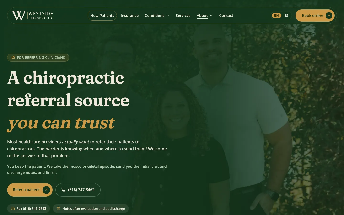 The new For Providers page: “A chiropractic referral source you can trust”, with Refer a patient and phone buttons and the fax number.