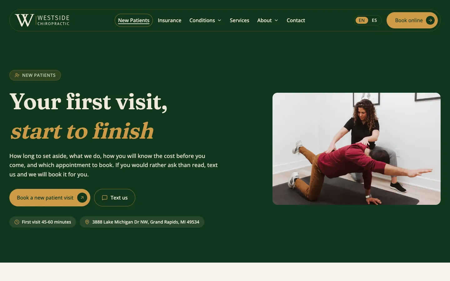 The new patients page: “Your first visit, start to finish”, with a Book a new patient visit button, a Text us button and a photo of a patient doing an exercise with the chiropractor.