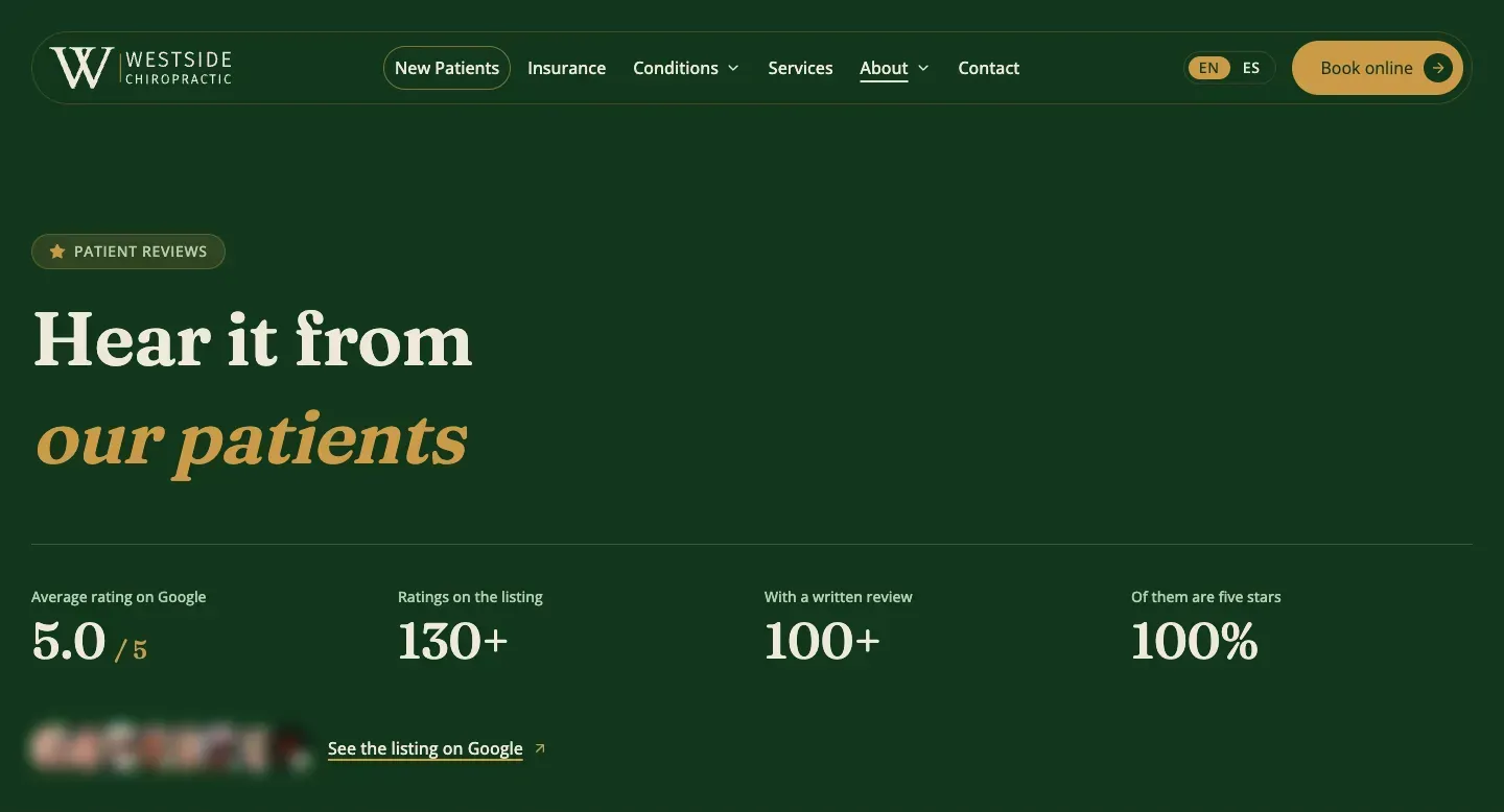 The reviews hub: “Hear it from our patients”, with a 5.0 average rating, 130+ ratings, 100+ written reviews and 100% five stars.