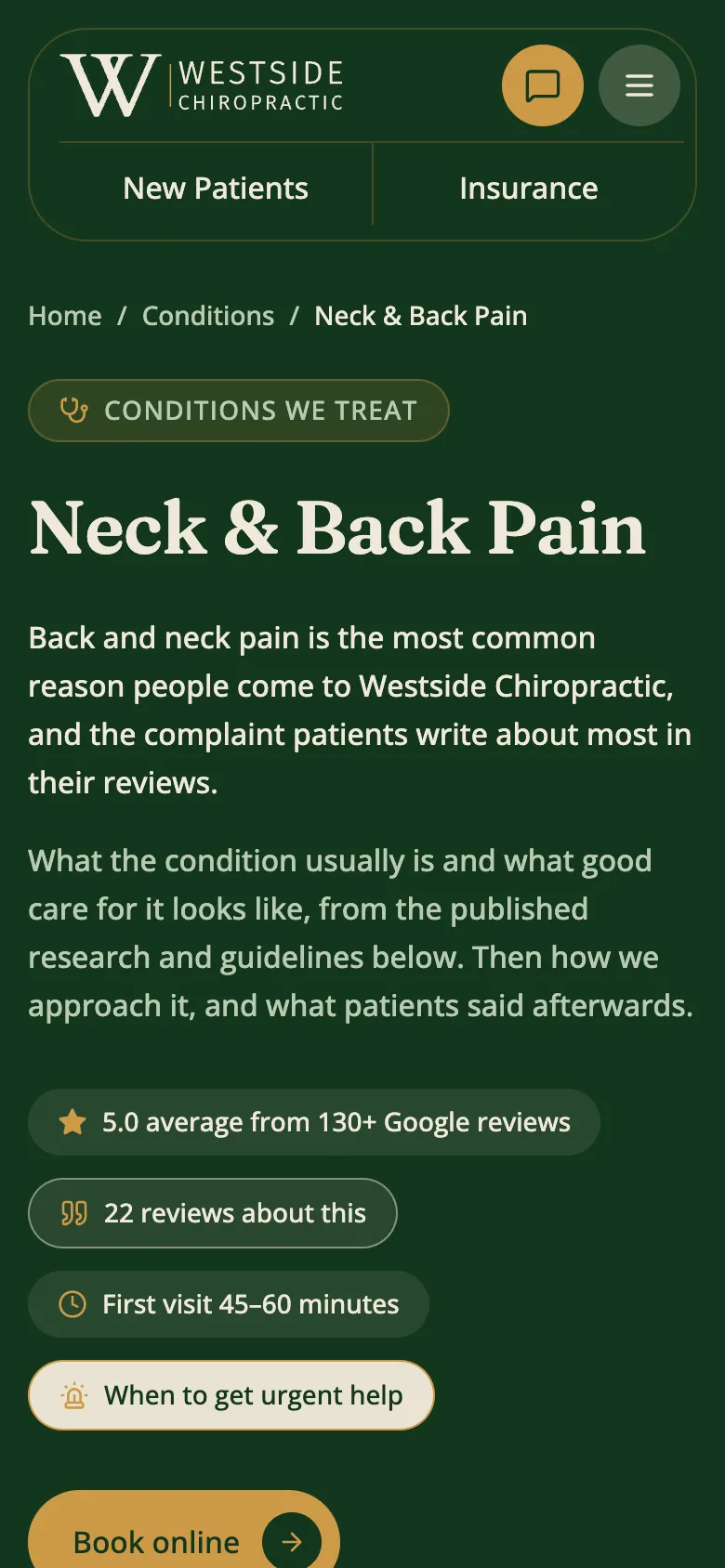 The neck and back pain page on a phone, with its review count and urgent-help link.