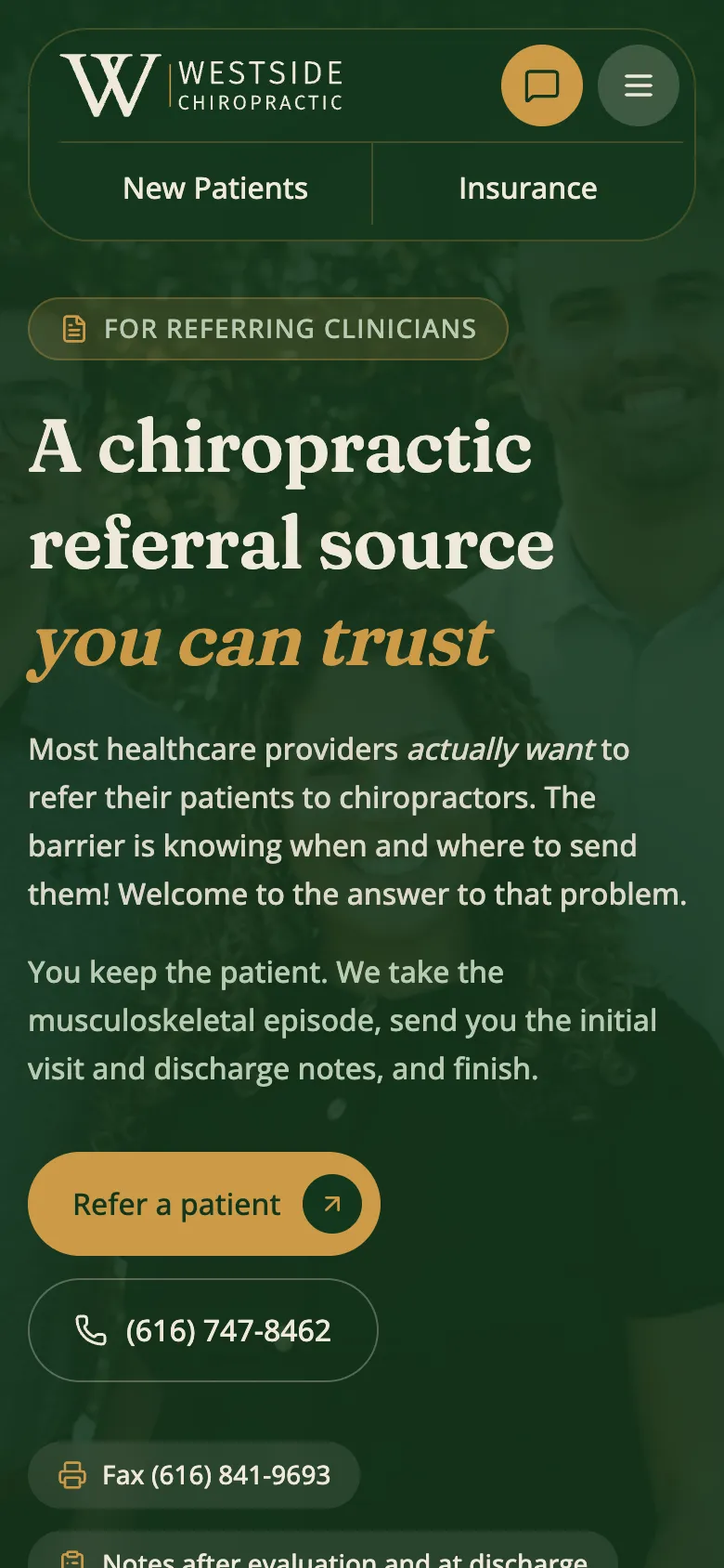 The page for referring clinicians on a phone, with the refer-a-patient button.